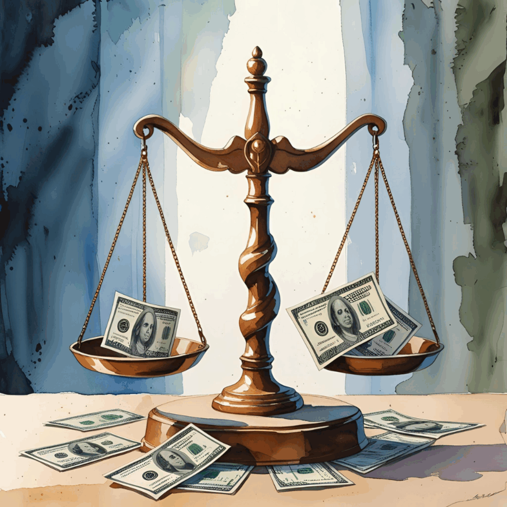 An illustration of the scales of justice filled with money.