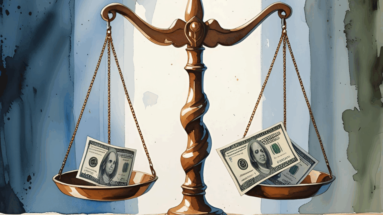 An illustration of the scales of justice filled with money.