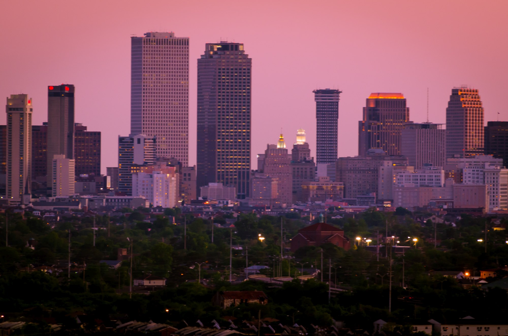 Pinkish hue of the downtown New Orleans skyline