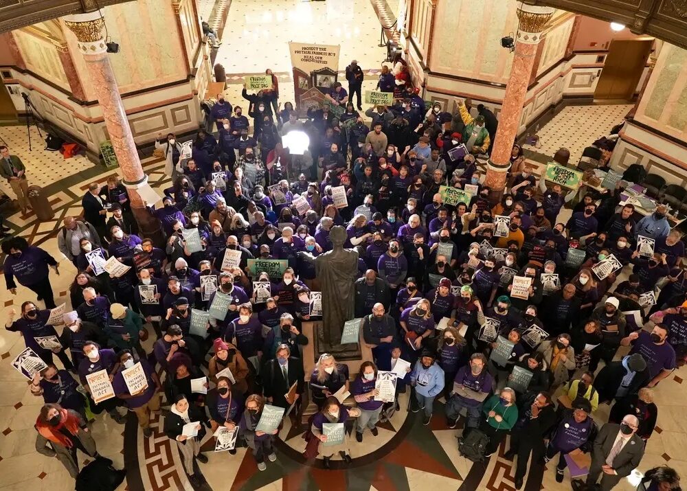 A rally at the Illinois state capitol for the Pretrial Fairness Act