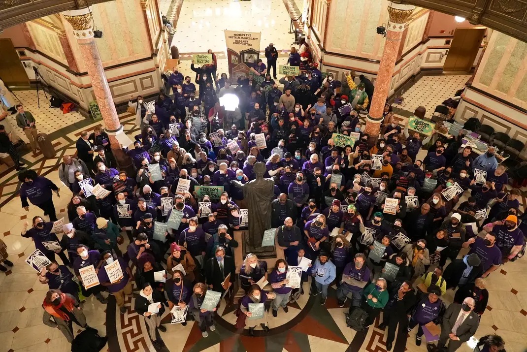 A rally at the Illinois state capitol for the Pretrial Fairness Act