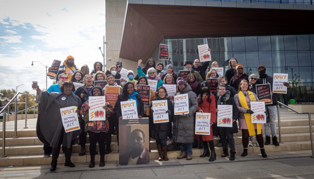People rally in Illinois outside for the Pretrial Fairness Act