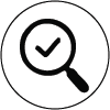 A magnifying glass over a checkmark.