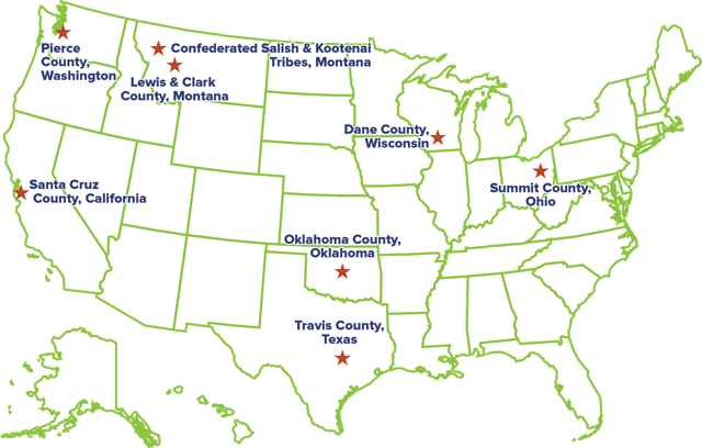 US map with red stars showing sites in the Pathways to Pretrial Advancement project